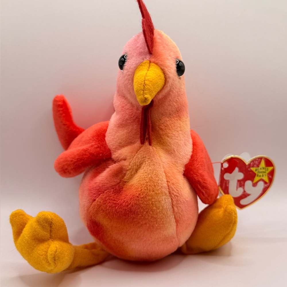 Ty Plush Rooster in Orange, Yellow & Pink Tie-Dye(1996)